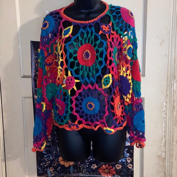 Carolina Colours Sweaters - VTG BOHO SWEATER Open Crochet Bead Embellished HIPPIE